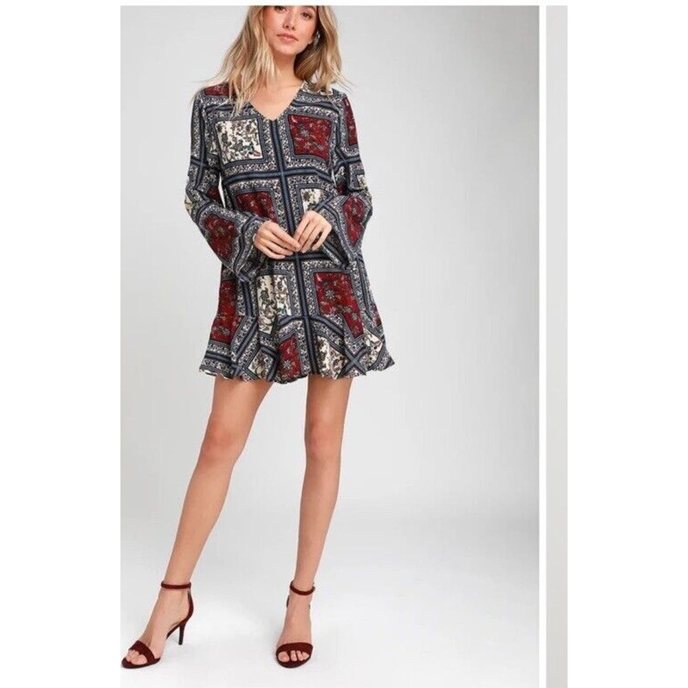Lulus Women’s Crack A Smile Cream And Plum Multi Print Shift Dress Small - Picture 3 of 13